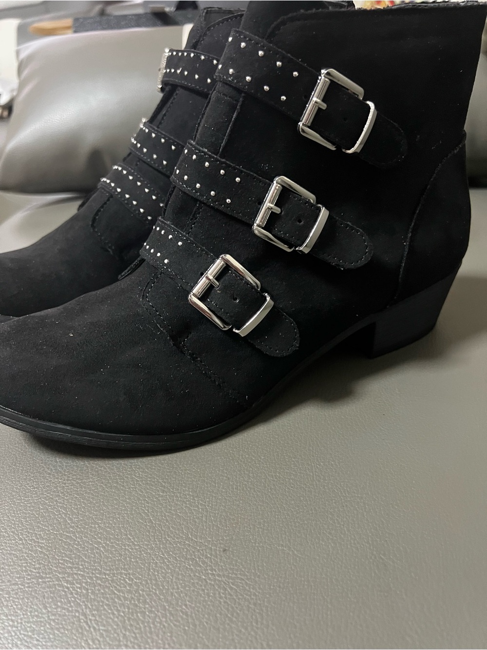 Women's Black Suede Buckle Ankle Booties with Stud Accents